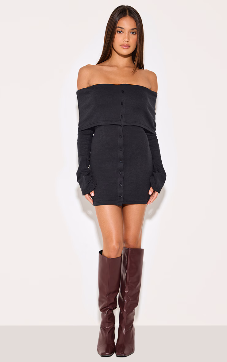 Black Rib Fold Over Bardot Button Mini Dress