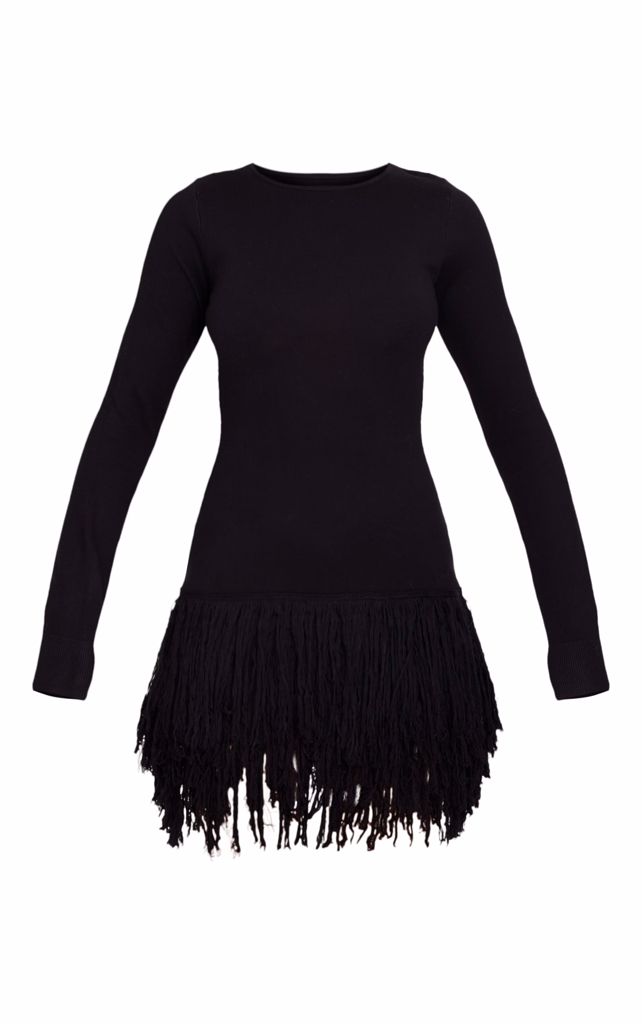 Black Fine Knit Fringe Hem Long Sleeve Micro Mini Dress