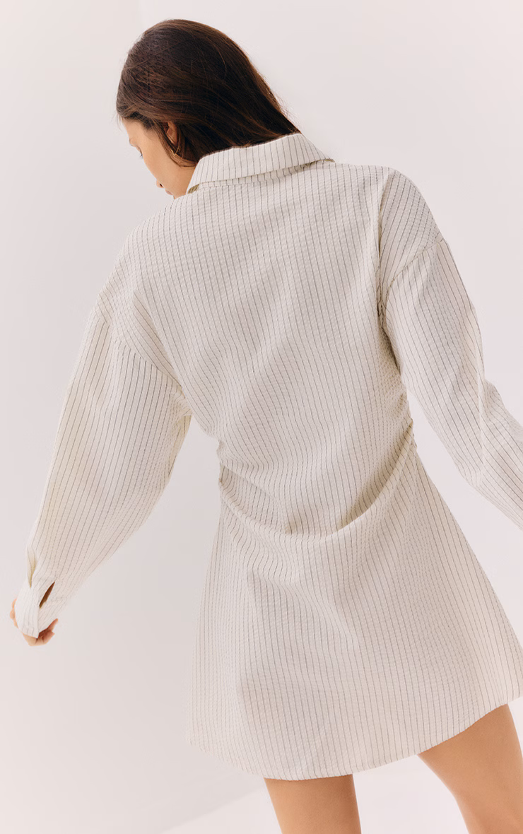 Cream Pinstripe Seersucker Cinched Waist Shirt Dress