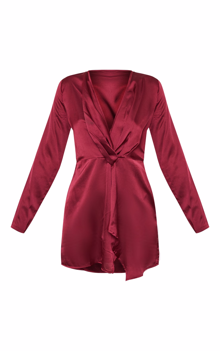 Burgundy Satin Long Sleeve Wrap Dress