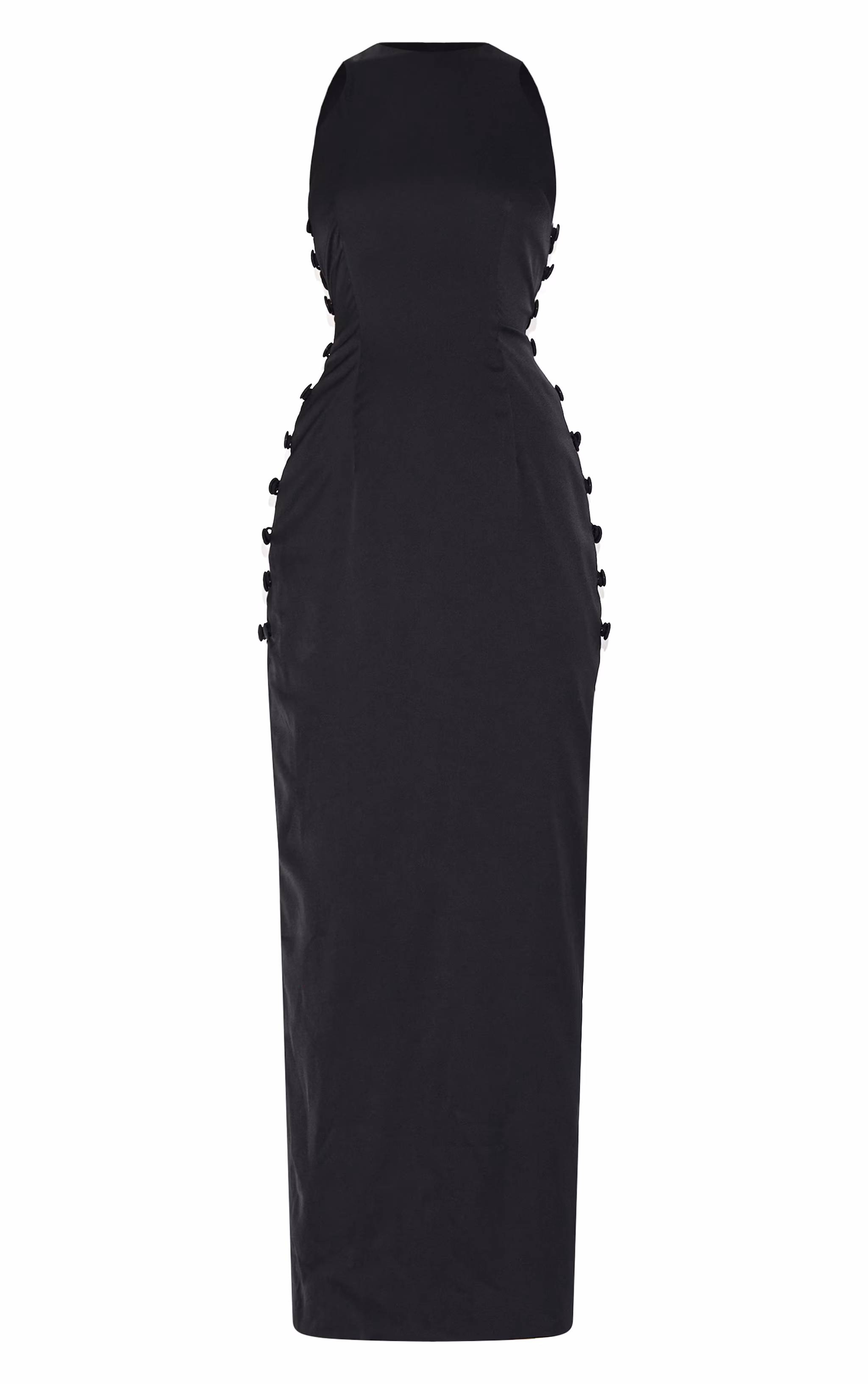 Black Woven Racer Button Detail Midaxi Dress