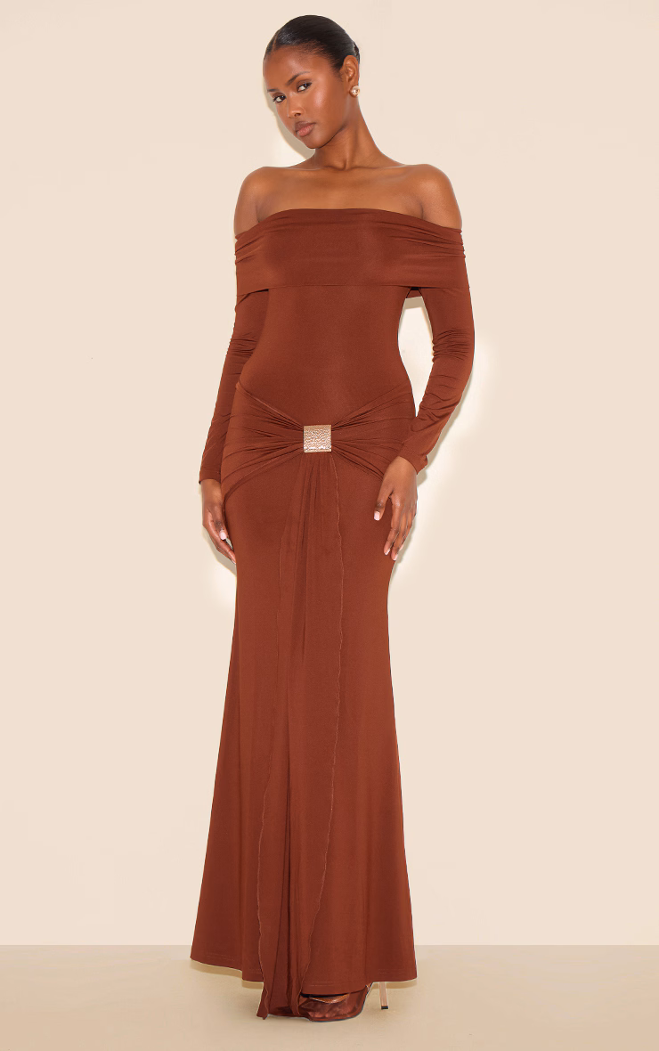 Chocolate Bardot Long Sleeve Trim Drape Detail Maxi Dress