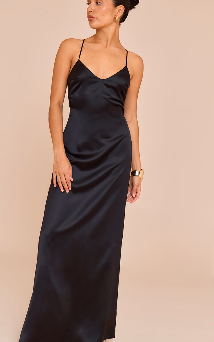 Petite Black Satin Strappy Open Back Maxi Dress