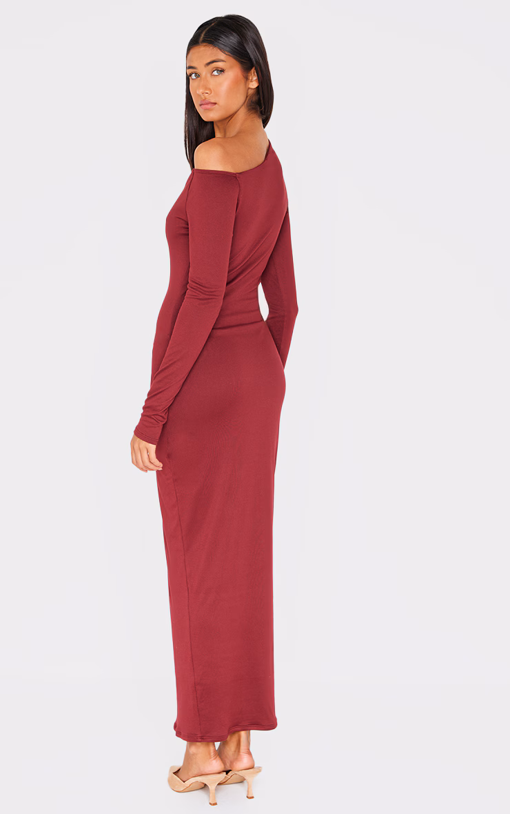 Burgundy Double Contour Asymmetric Long Sleeve Maxi Dress