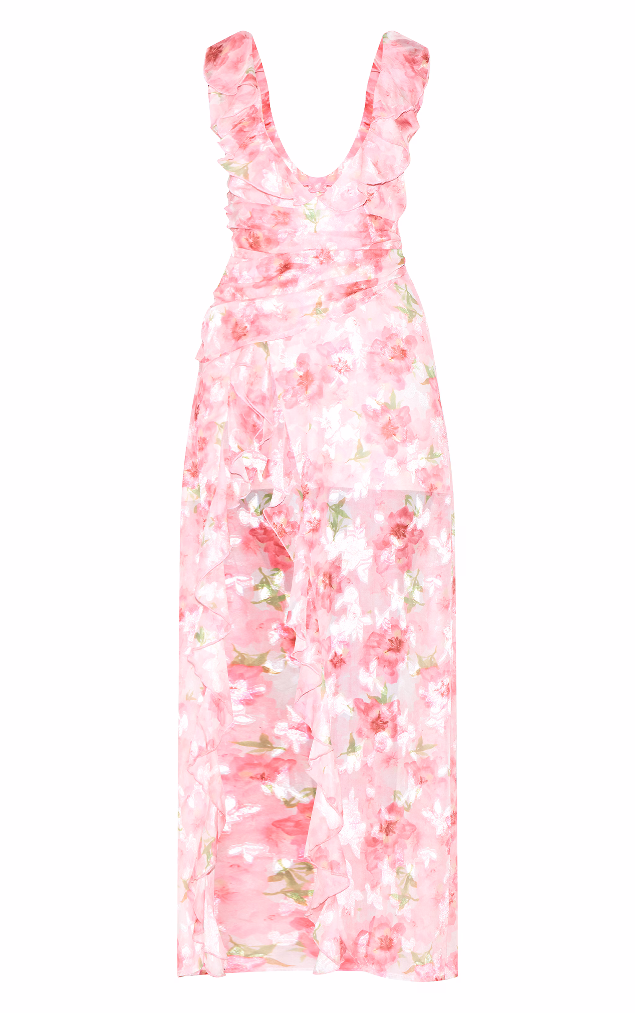 Pink Floral Chiffon Frill Plunge Strappy Maxi Dress