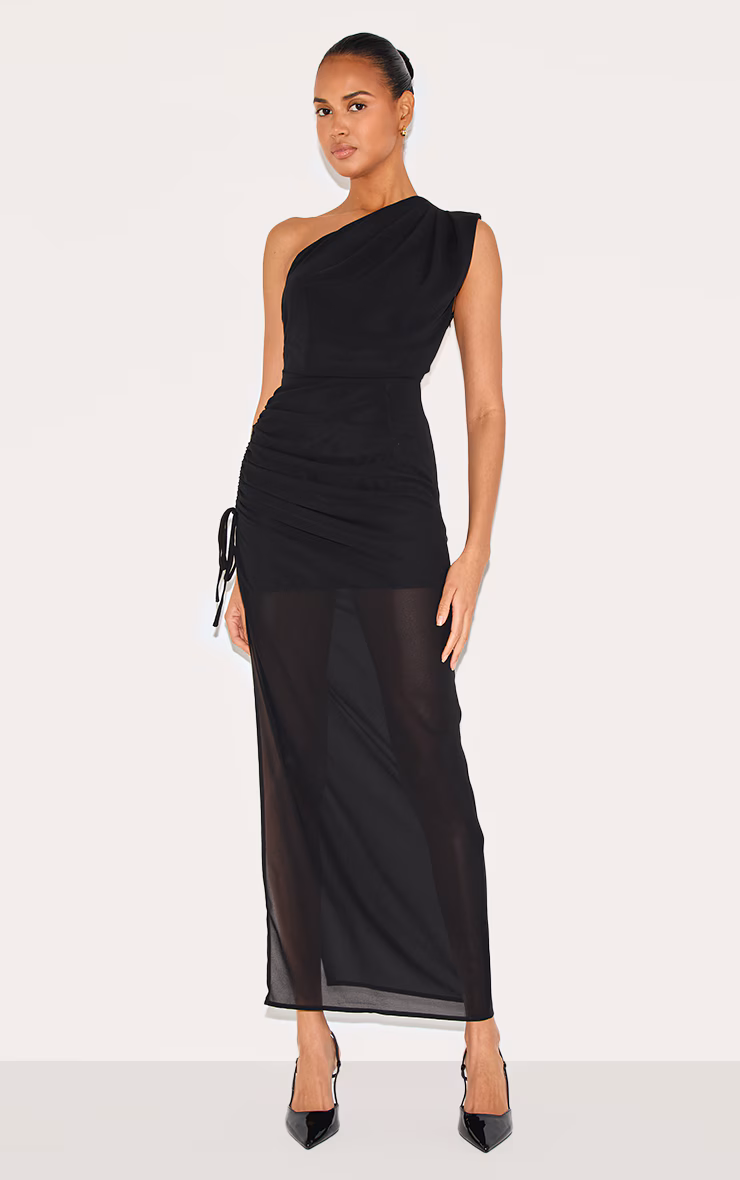 Black Chiffon One Shoulder Ruched Maxi Dress