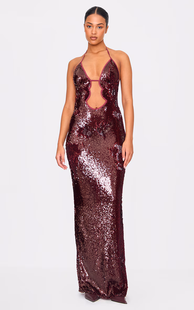 Tall Dark Red Sequin Plunge Halter Neck Maxi Dress