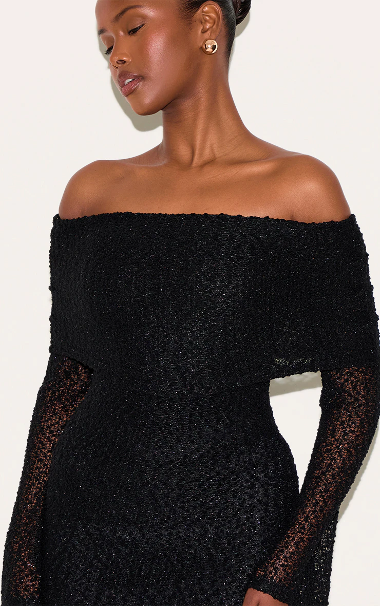 Black Textured Bardot Flare Long Sleeve Mini Dress