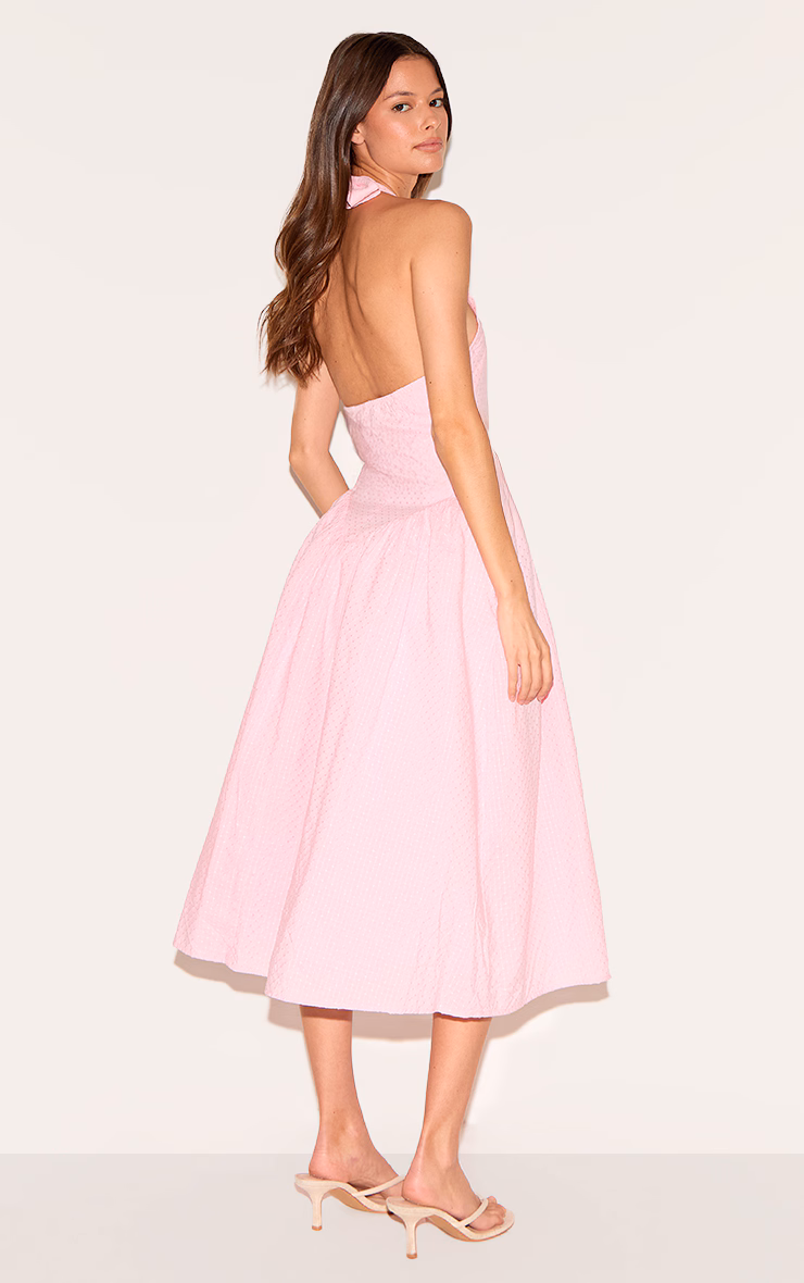 Candy Pink Embroidered Cotton Halterneck Midaxi Dress