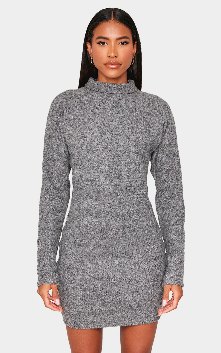 Charcoal Slouchy Ruched Detail High Neck Bodycon Dress