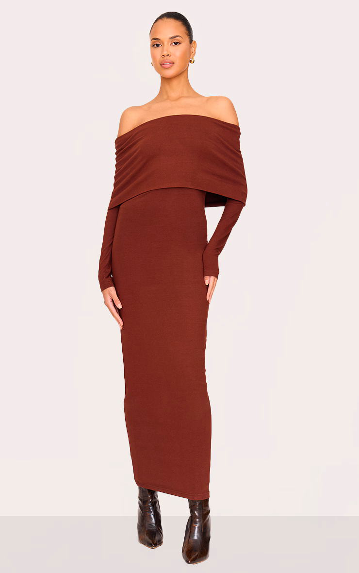 Chocolate Cotton Super Oversized Bardot Maxi Dress