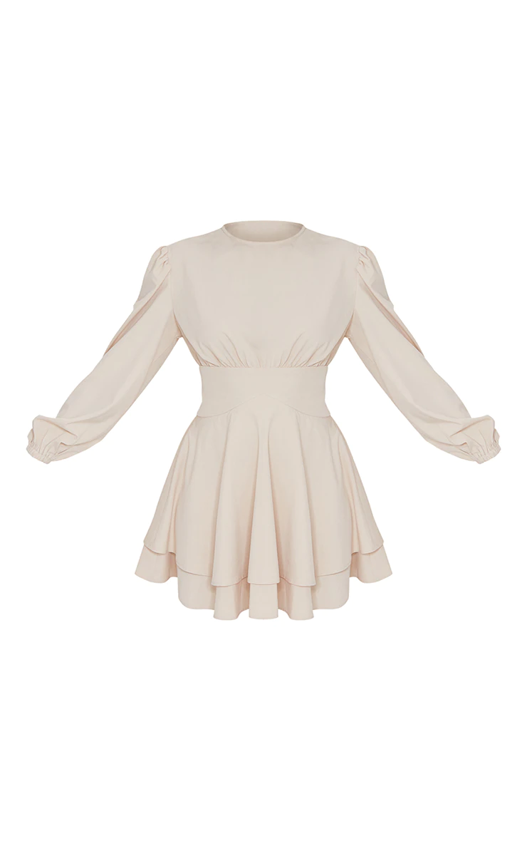 Stone Woven Binding Waist Detail Puff Long Sleeve Shift Dress