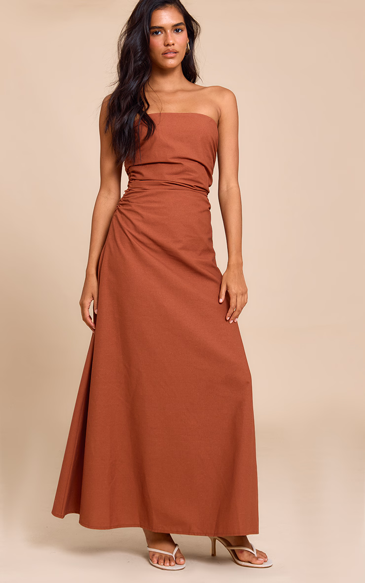 Rust Bandeau Ruched Waist Detail Maxi Dress