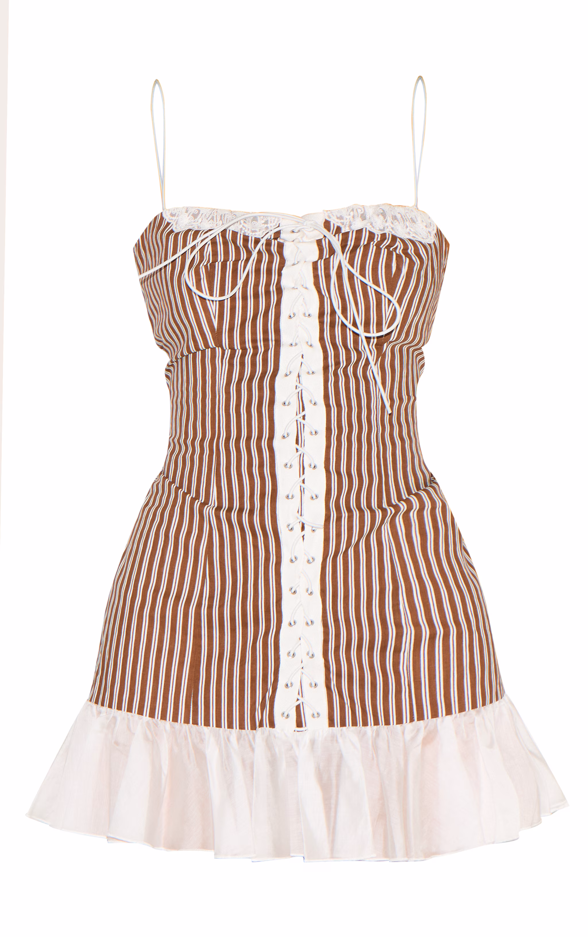 Chocolate Striped Lace Up Frill Hem Bodycon Dress