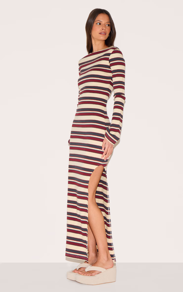 Burgundy Striped Boat Neck Long Sleeve Bodycon Dress