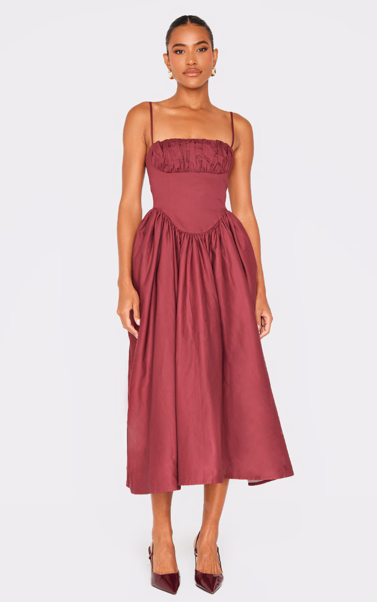 Burgundy Ruched Bust Corset Strappy Midaxi Dress