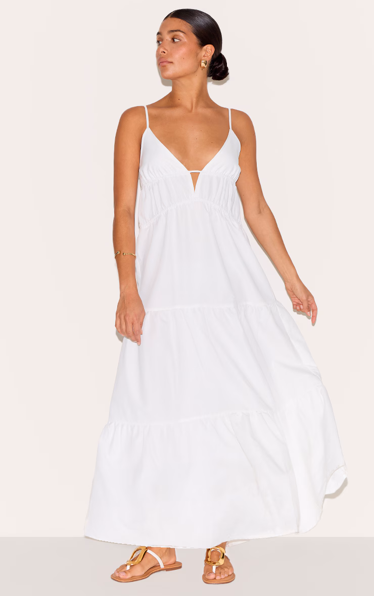 Petite White Strappy Tiered Maxi Dress