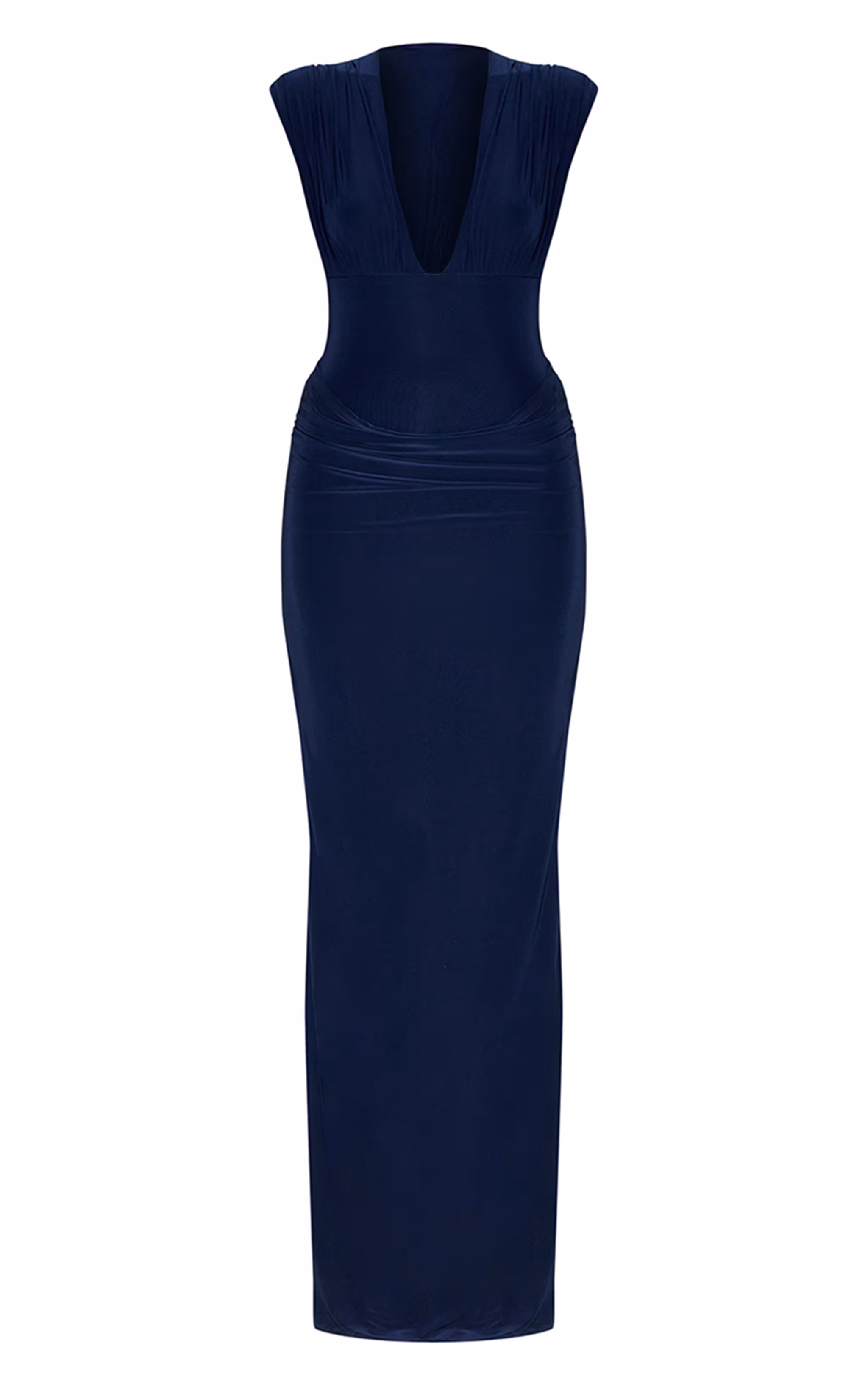 Navy Double Layer Plunge Ruched Shoulder Drape Waist Maxi Dress
