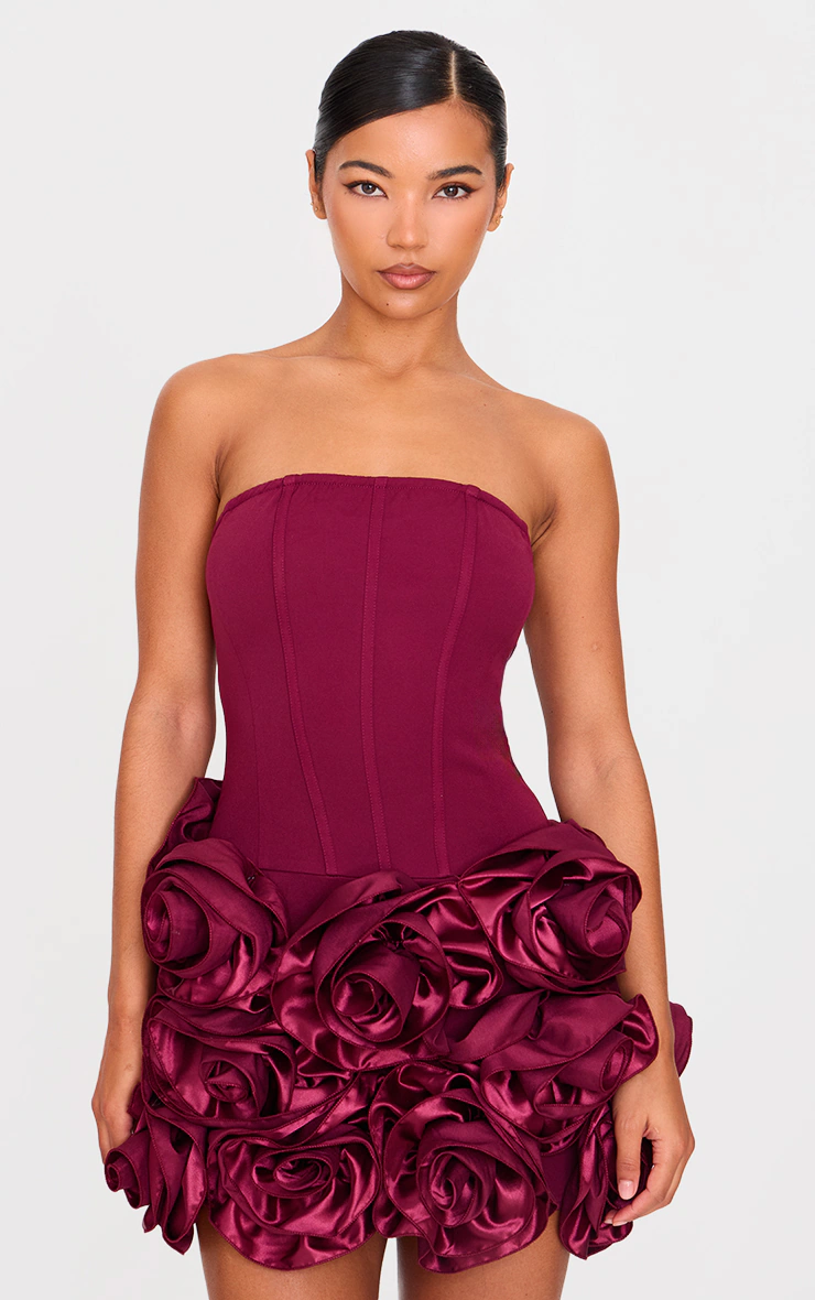 Burgundy Boned Corset Flower Detail Bodycon Dress