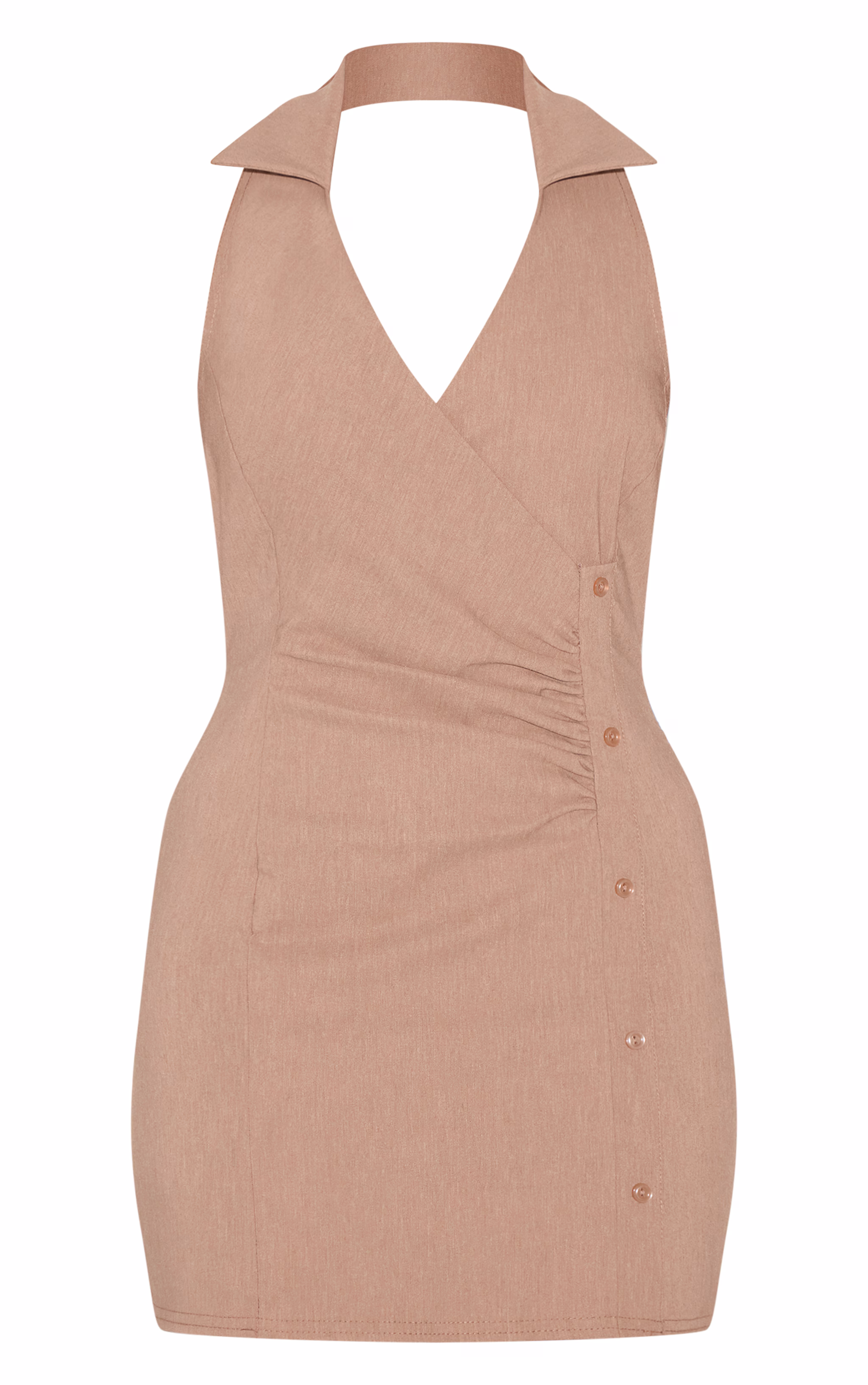Taupe Asymmetric Button Down Collar Detail Bodycon Dress