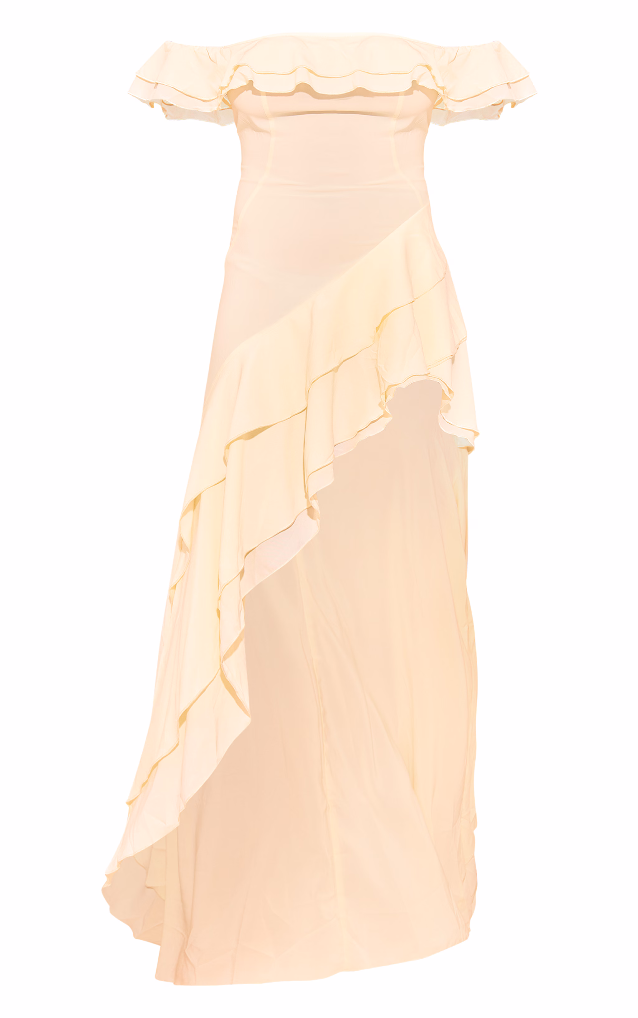 Butter Cream Bardot Ruffle Detail Midi Dress