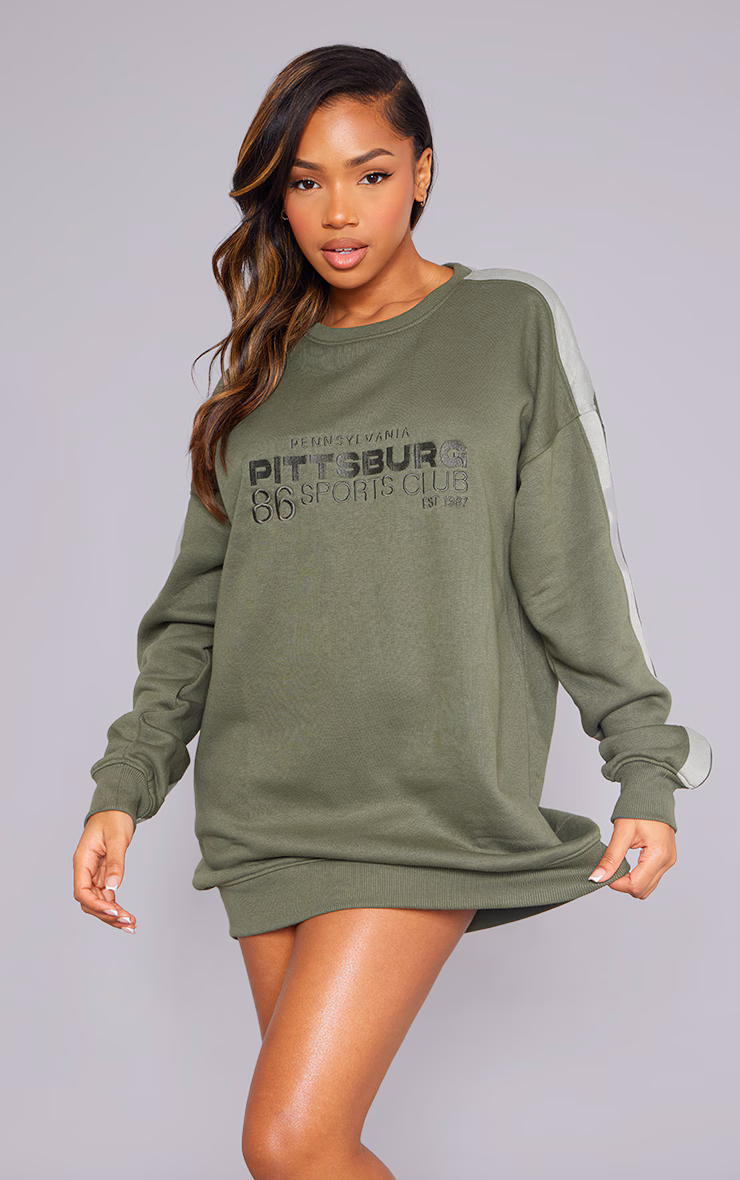 Khaki Pennsylvania Graphic Embroidered Sweater Dress