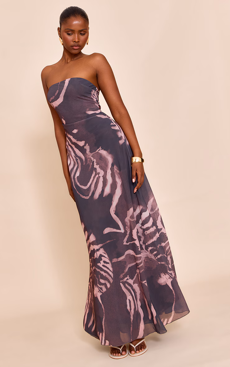 Dark Grey Abstract Printed Chiffon Bandeau Maxi Dress