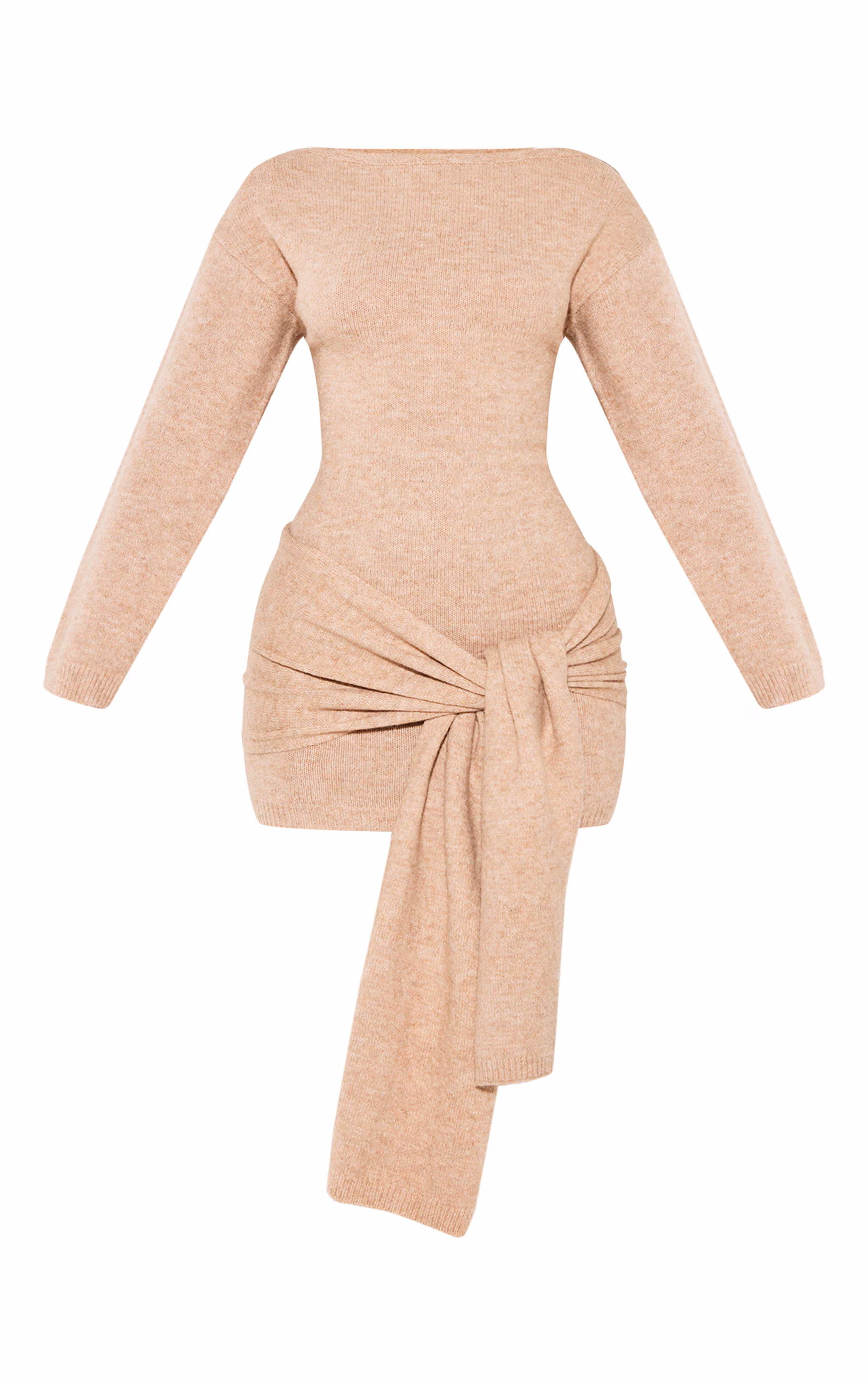 Petite Camel Knit Slouchy Mini Dress With Tie Wrap Around