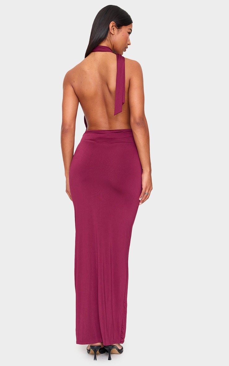 Burgundy Double Layer Slinky Wrap Neck Maxi Dress