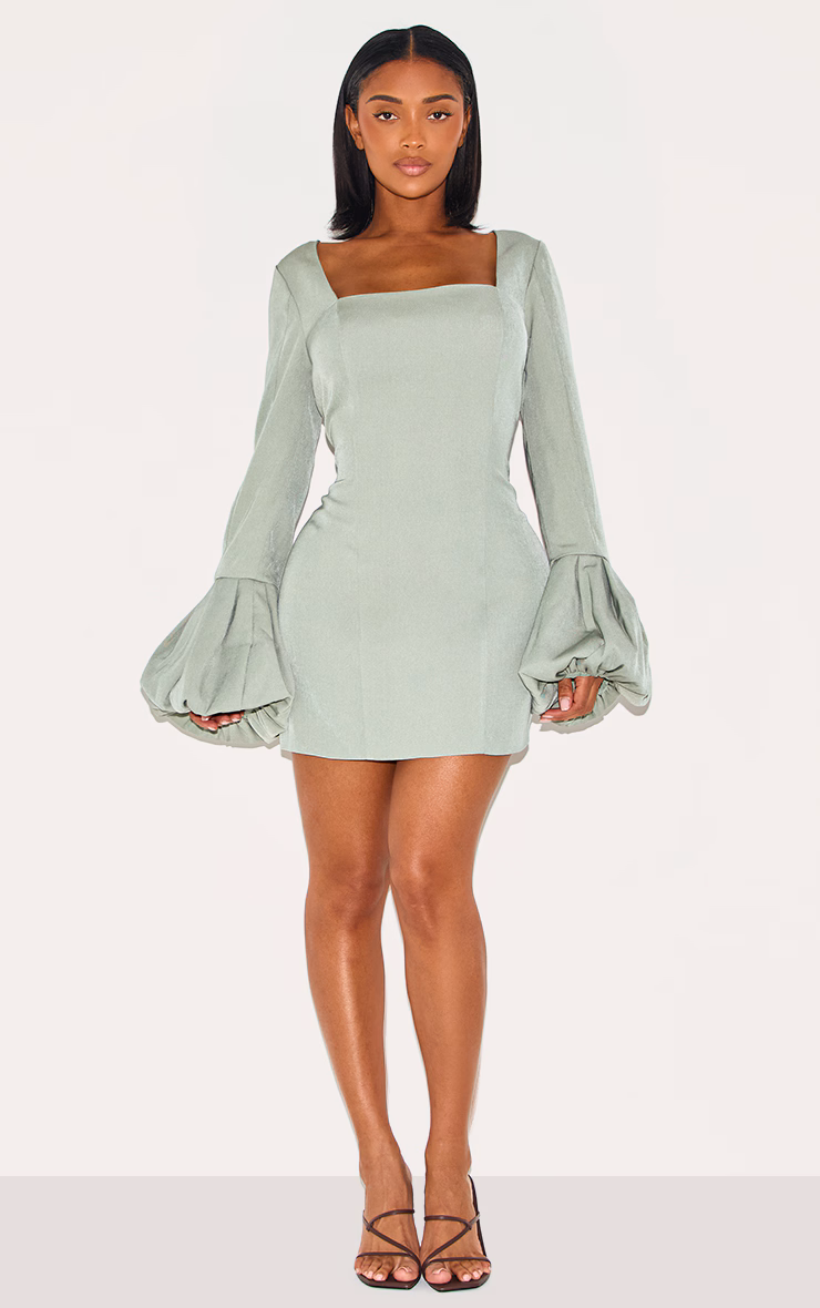 Shape Olive Woven Square Neck Puffball Sleeve Mini Dress