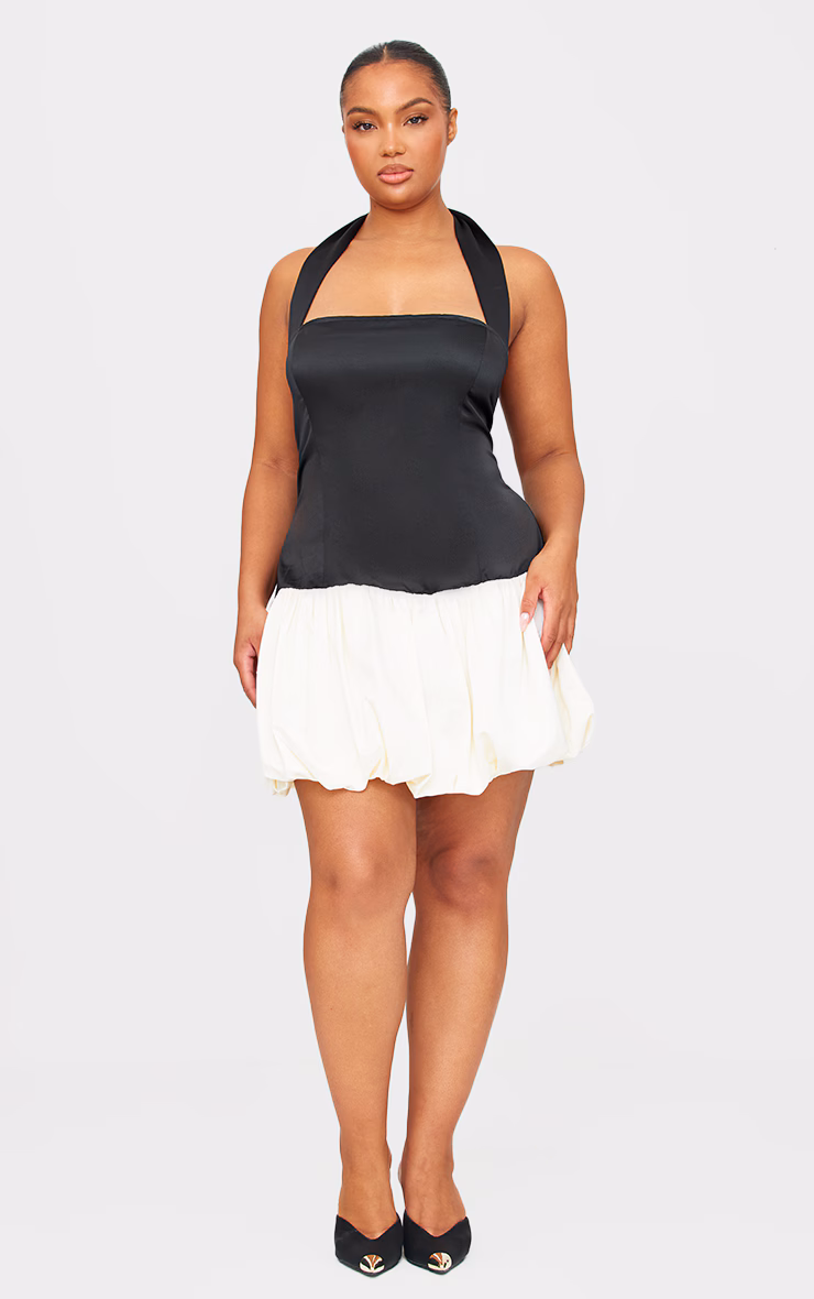 Black Satin Contrast Puffball Dress
