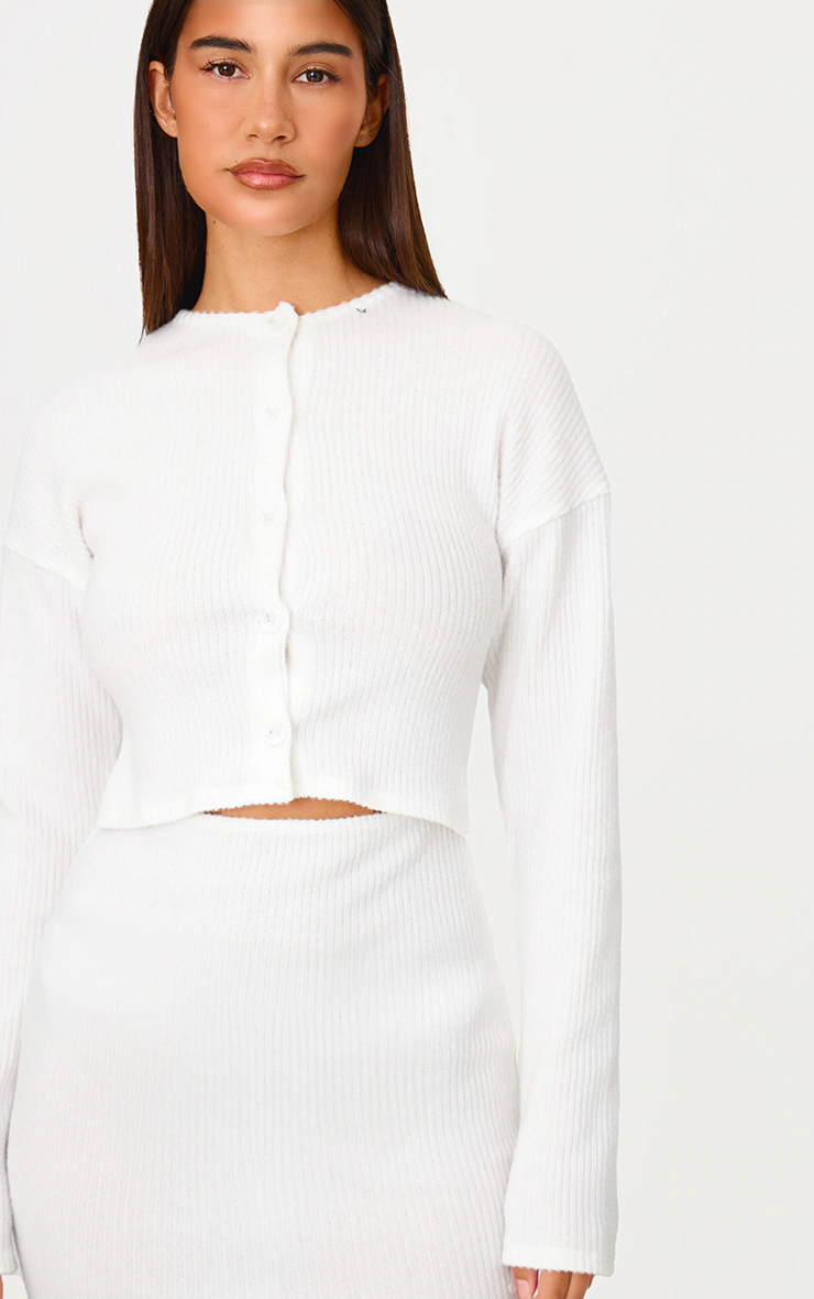 Cream Brushed Rib Button Detail Long Sleeve Bodycon Dress