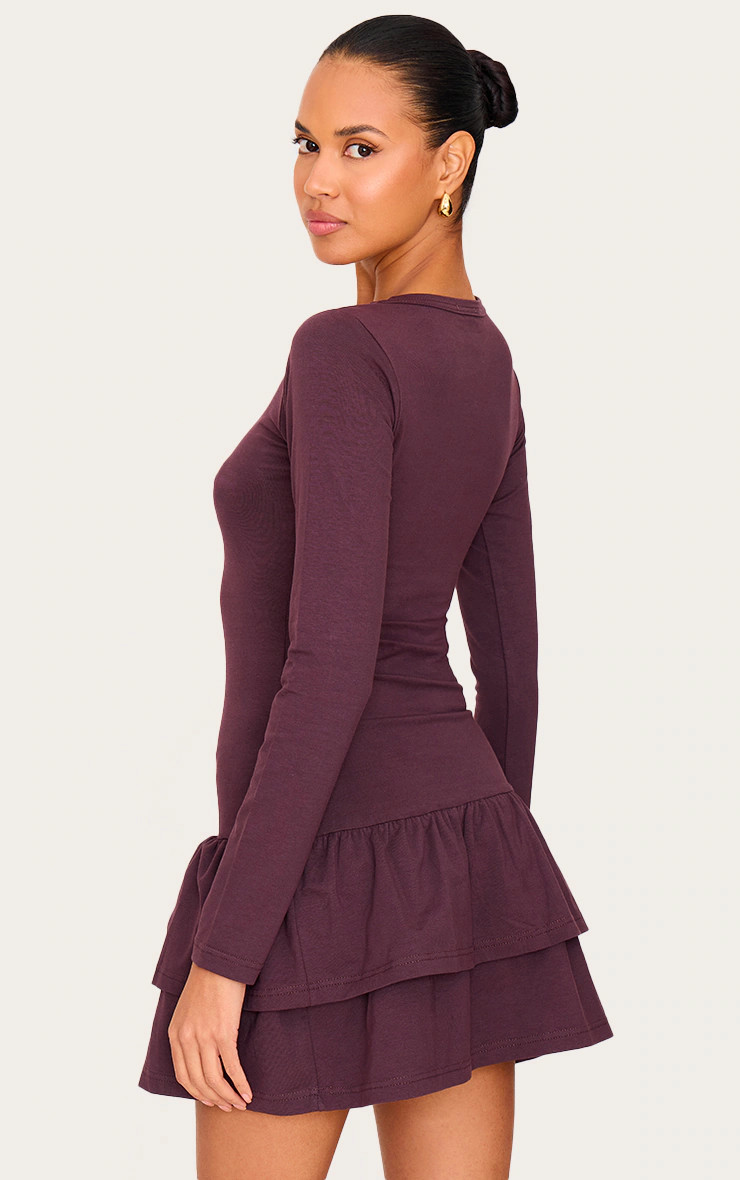 Plum Cotton Long Sleeve Tiered Shift Dress