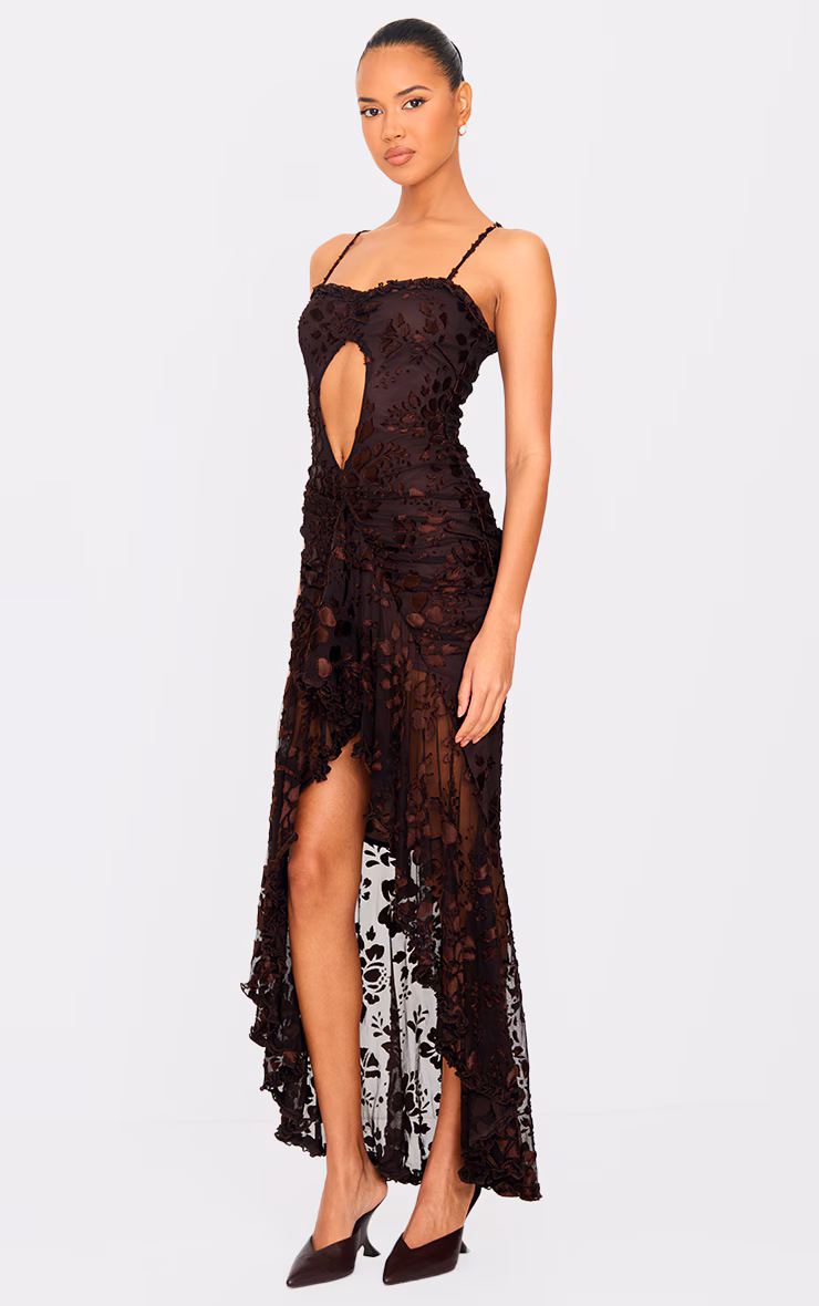 Brown Devore Cut Out Frill Detail Dress