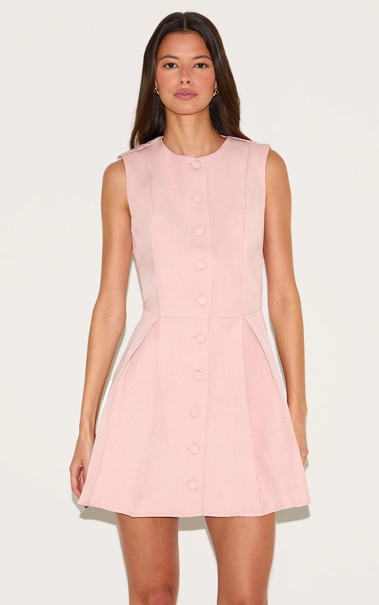 Baby Pink Tailored Woven Button Down Pleated Shift Dress