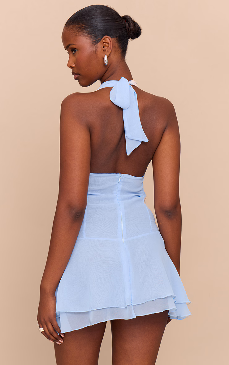 Baby Blue Chiffon Cowl Neck Ruched Scarf Detail Mini Dress