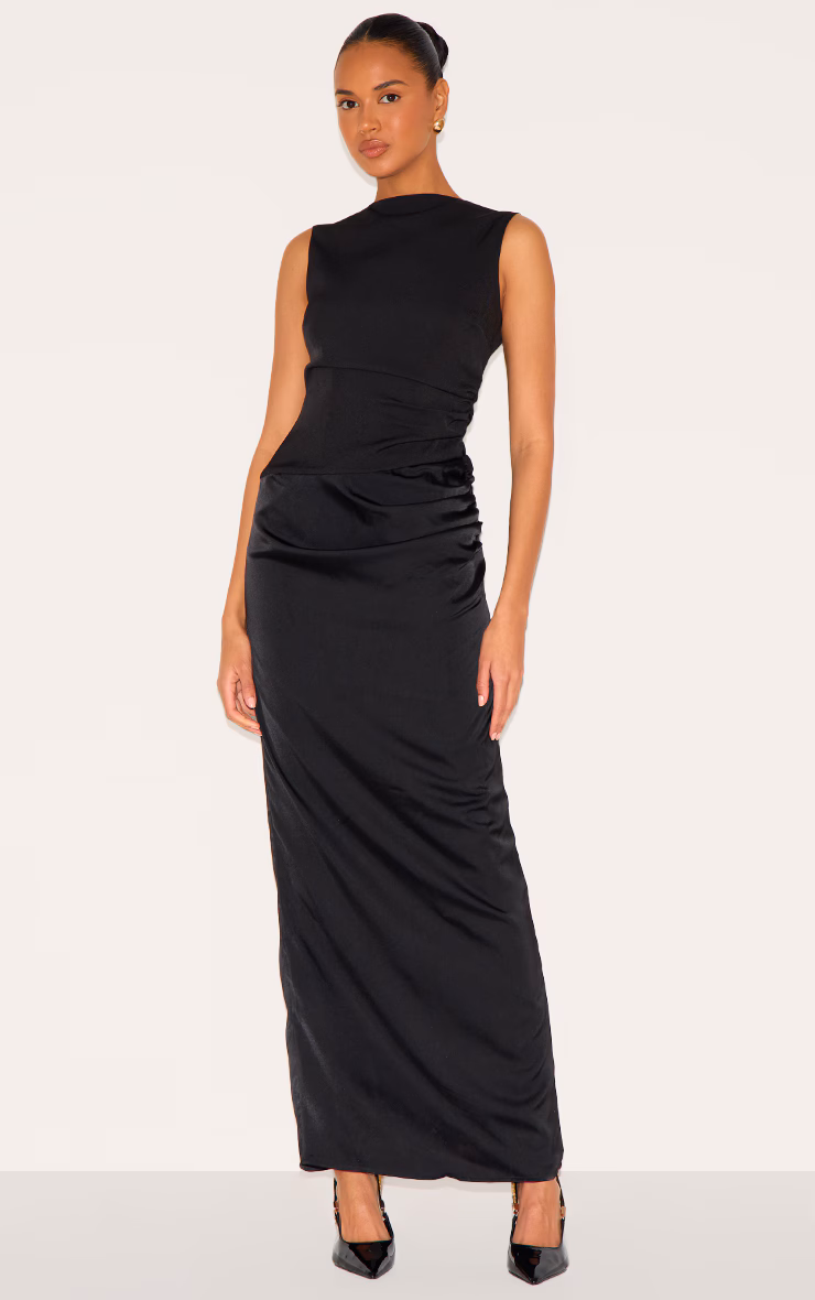 Black Woven High Neck Ruched Drape Midaxi Dress