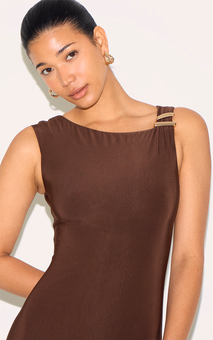 Chocolate Double Slinky Asymmetric Trim Detail Maxi Dress