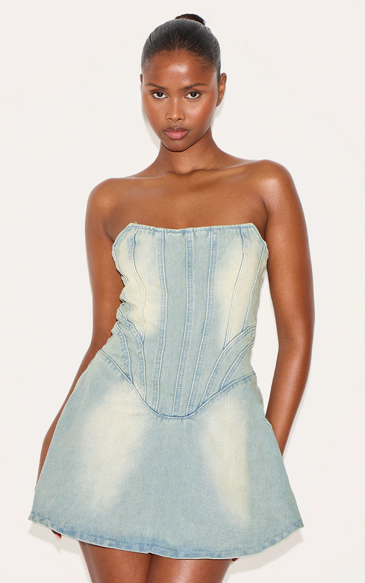 Light Blue Wash Seam Detail Mini Dress
