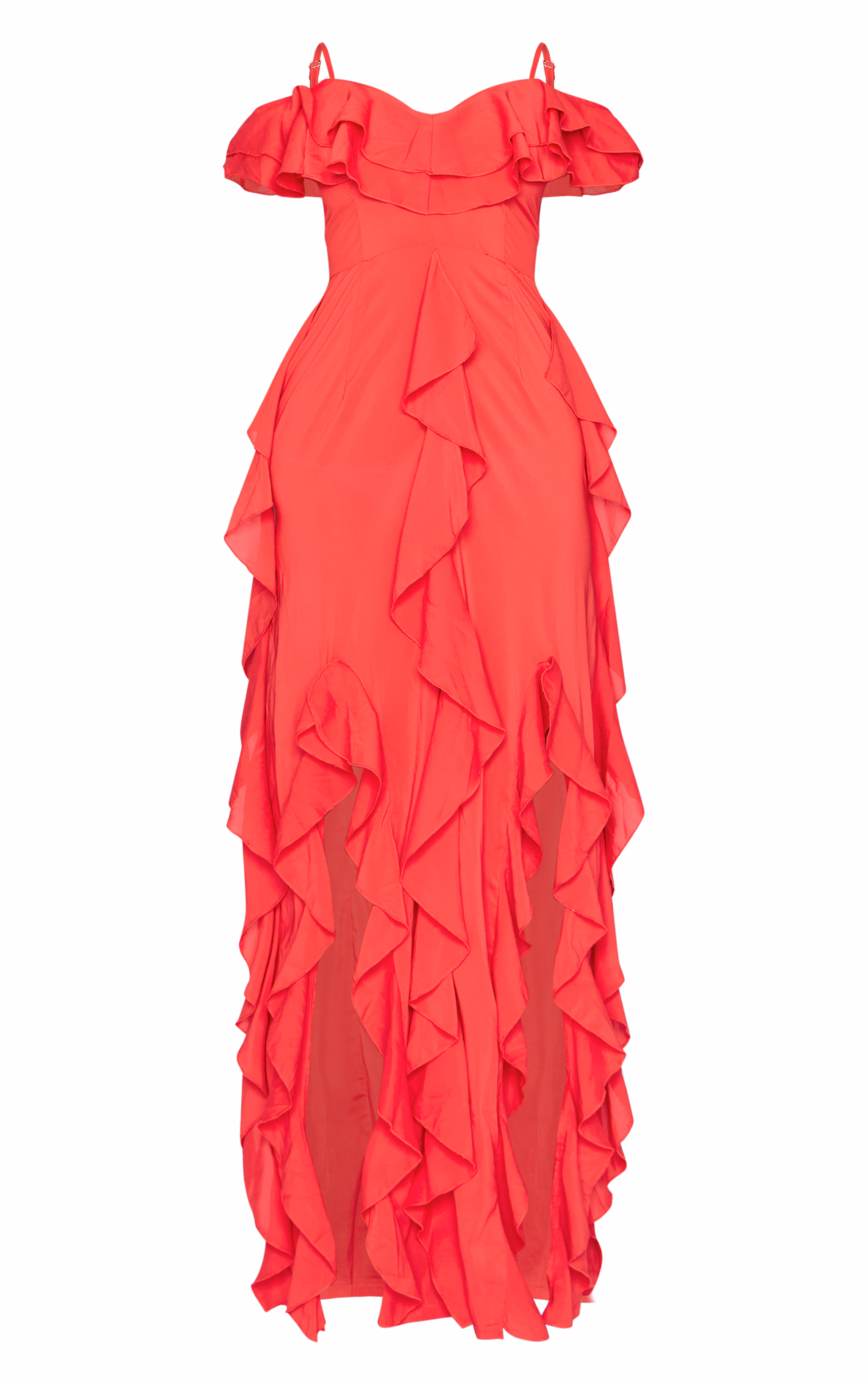 Red Cold Shoulder Ruffle Detail Maxi Dress
