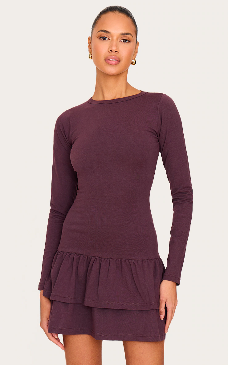Plum Cotton Long Sleeve Tiered Shift Dress