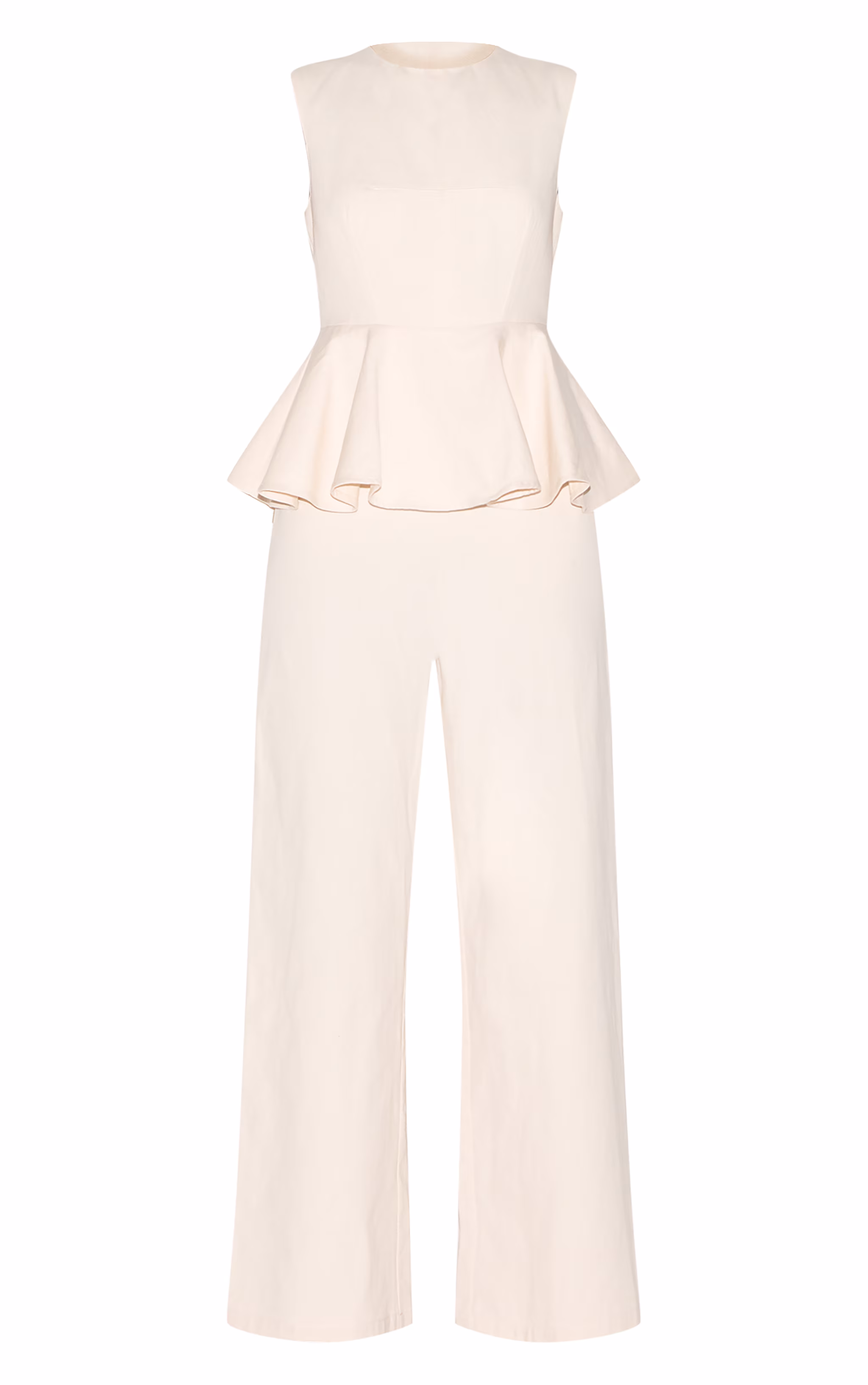 Ecru Cotton Peplum Detail Wide Leg Jumpsuit