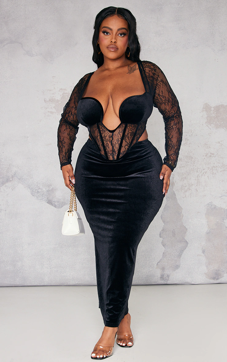 Plus Black Lace Detail Corset Velvet Midaxi Dress