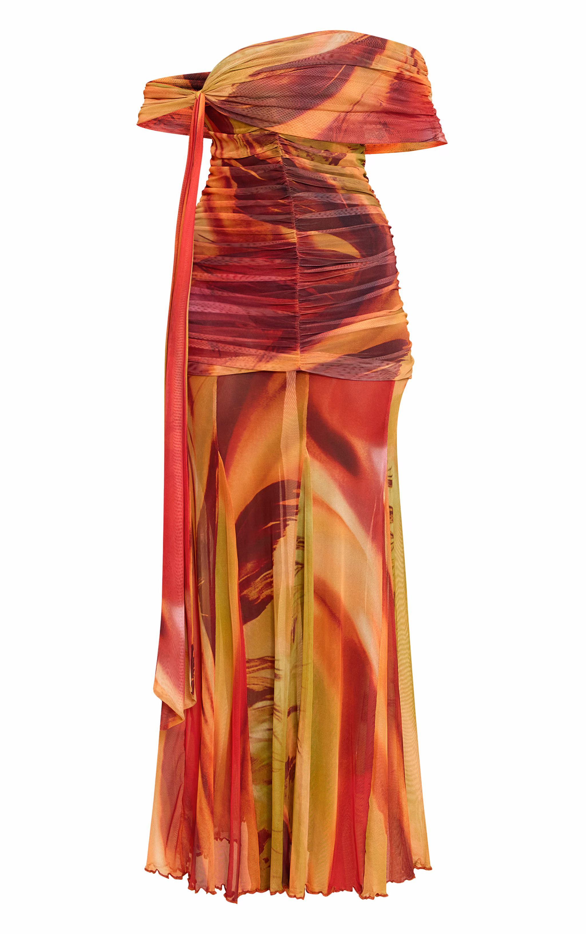 Burnt Orange Abstract Print Lined Mesh Bardot Maxi Dress