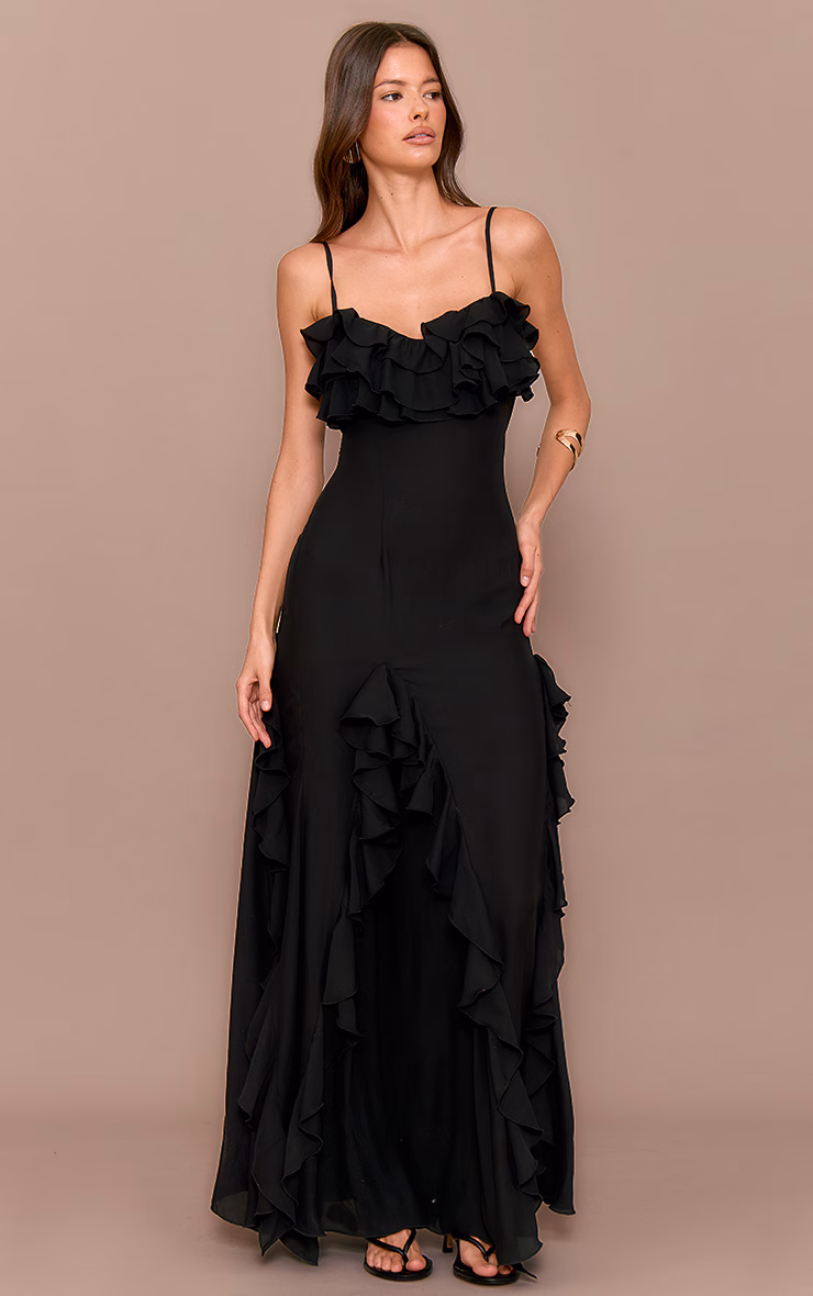 Black Frill Cup Detail Maxi Dress