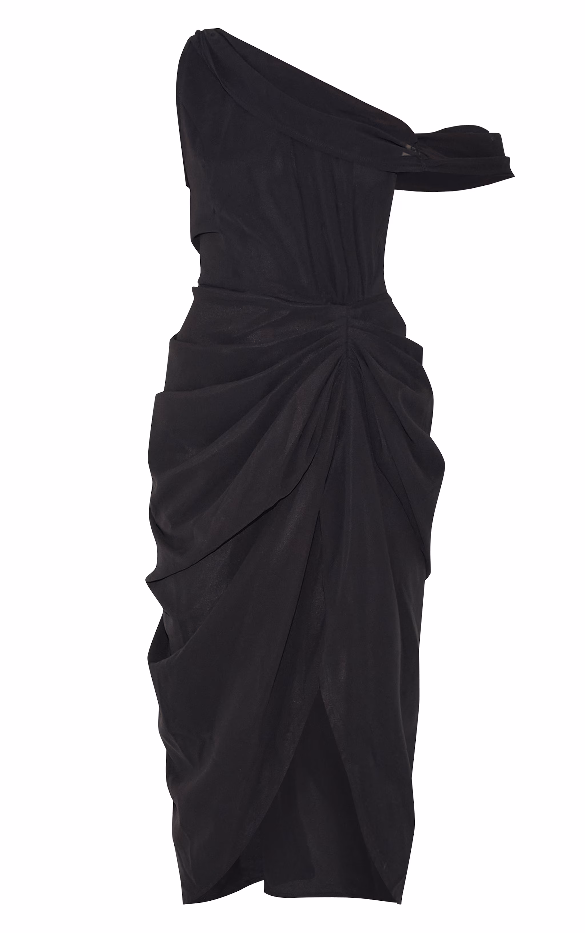 Black Chiffon Asymmetric Strap Draped Midi Dress