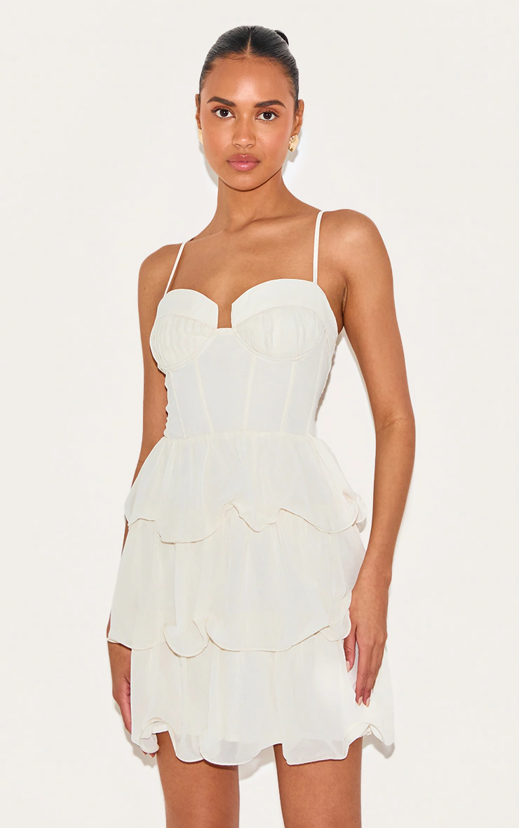 Almond Chiffon Pleat Cup Detail Frill Shift Dress