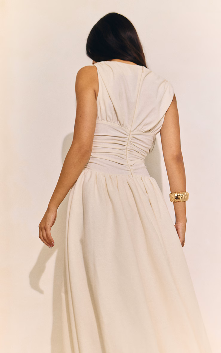 Cream Boat Neck Ruched Detail Puffball Maxi Dress