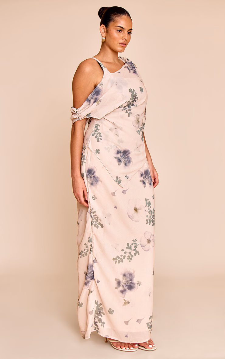 Plus Sand Abstract Printed Chiffon Draped Maxi Dress