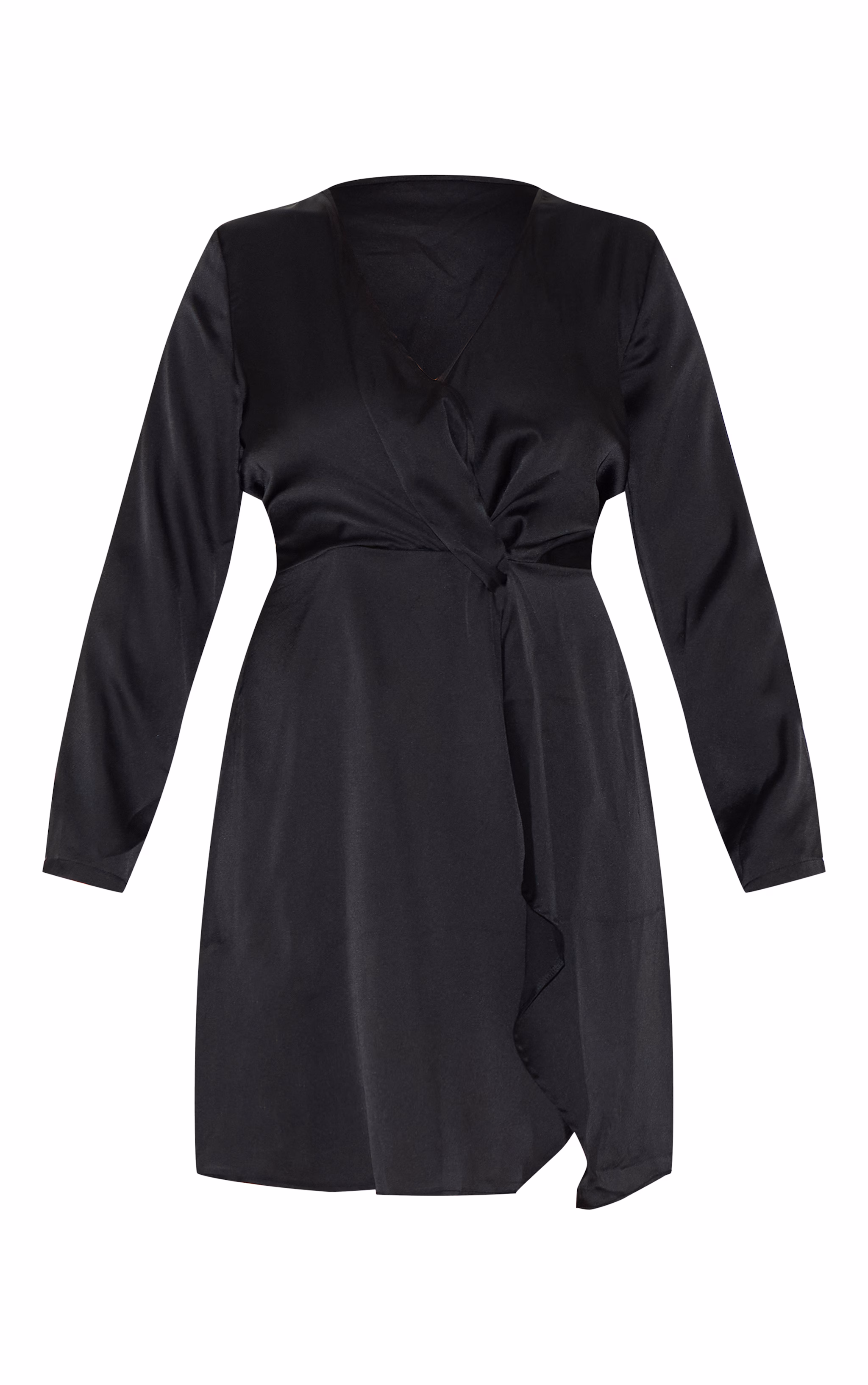 Plus Black Satin Long Sleeve Wrap Dress
